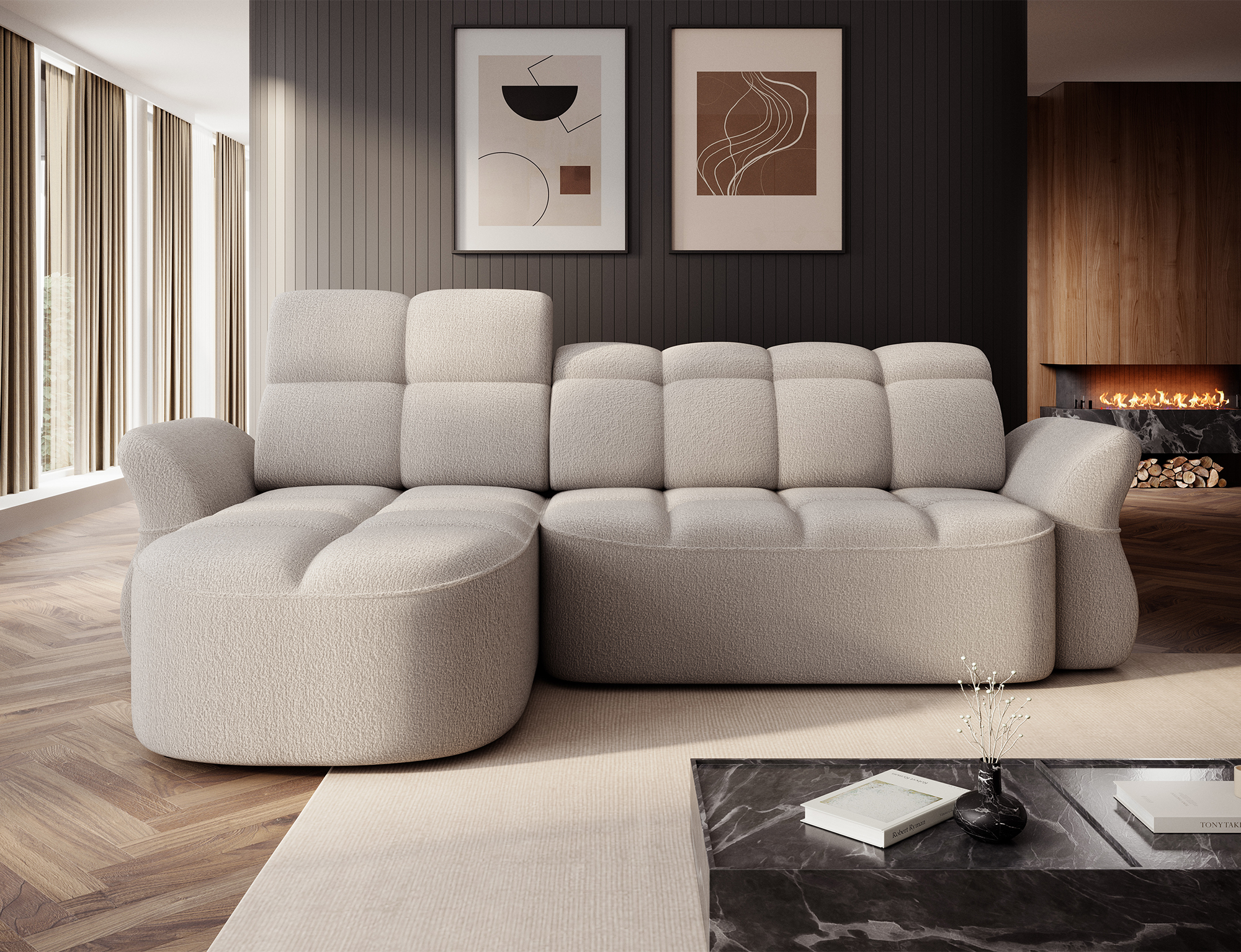 Ecksofa Benny, Bouclé, elektrisch, mit Bettkasten