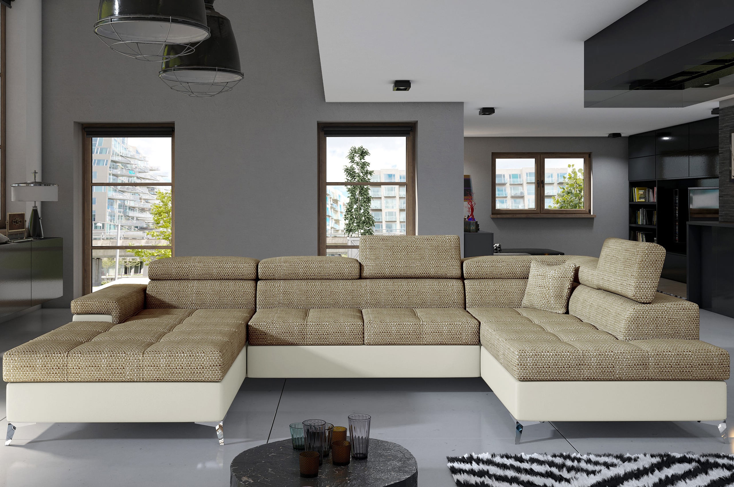 Wohnlandschaft Eduard, Struktur/Kunstleder, Bettfunktion