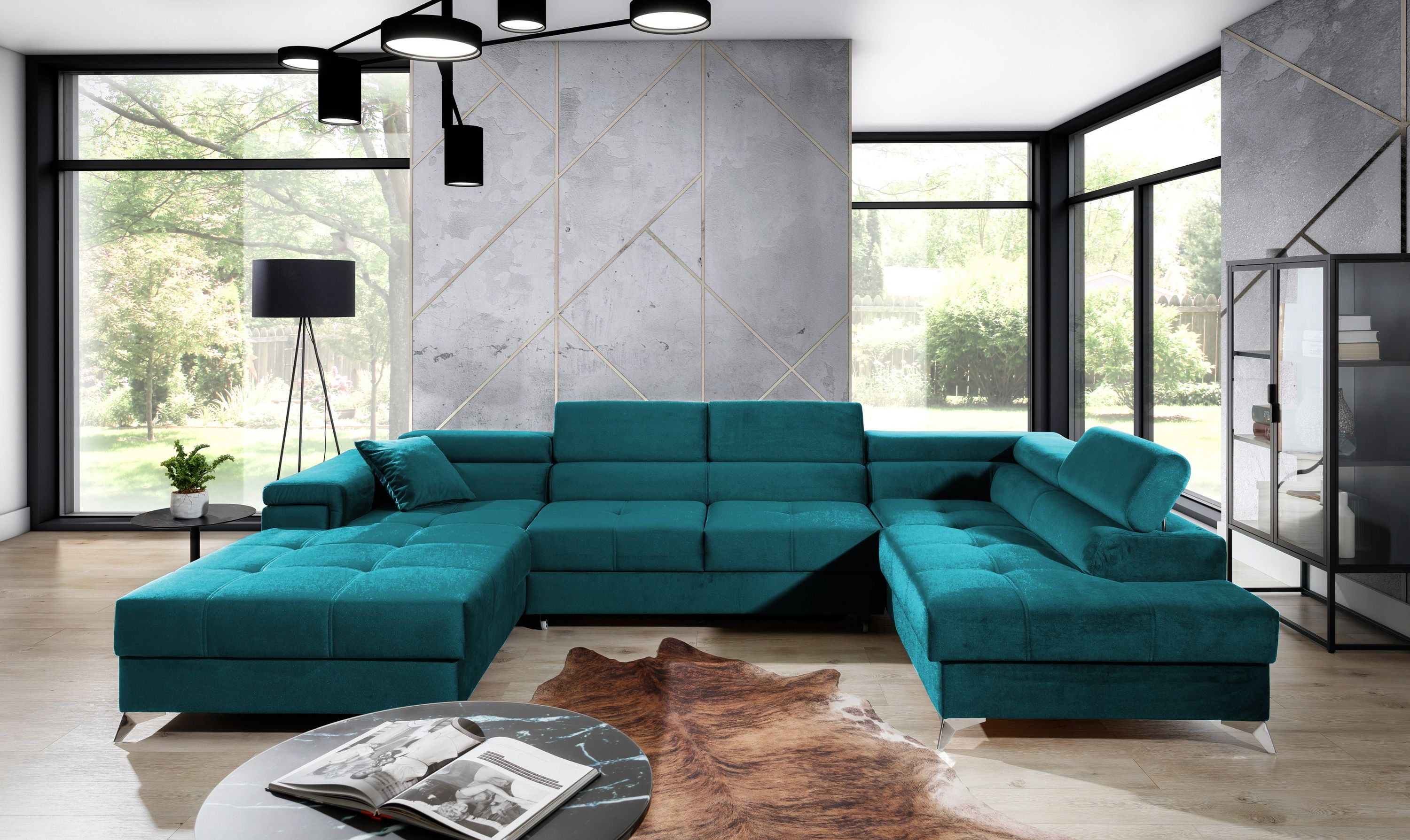 Wohnlandschaft Eduard, Velours, Bettfunktion, Stauraum
