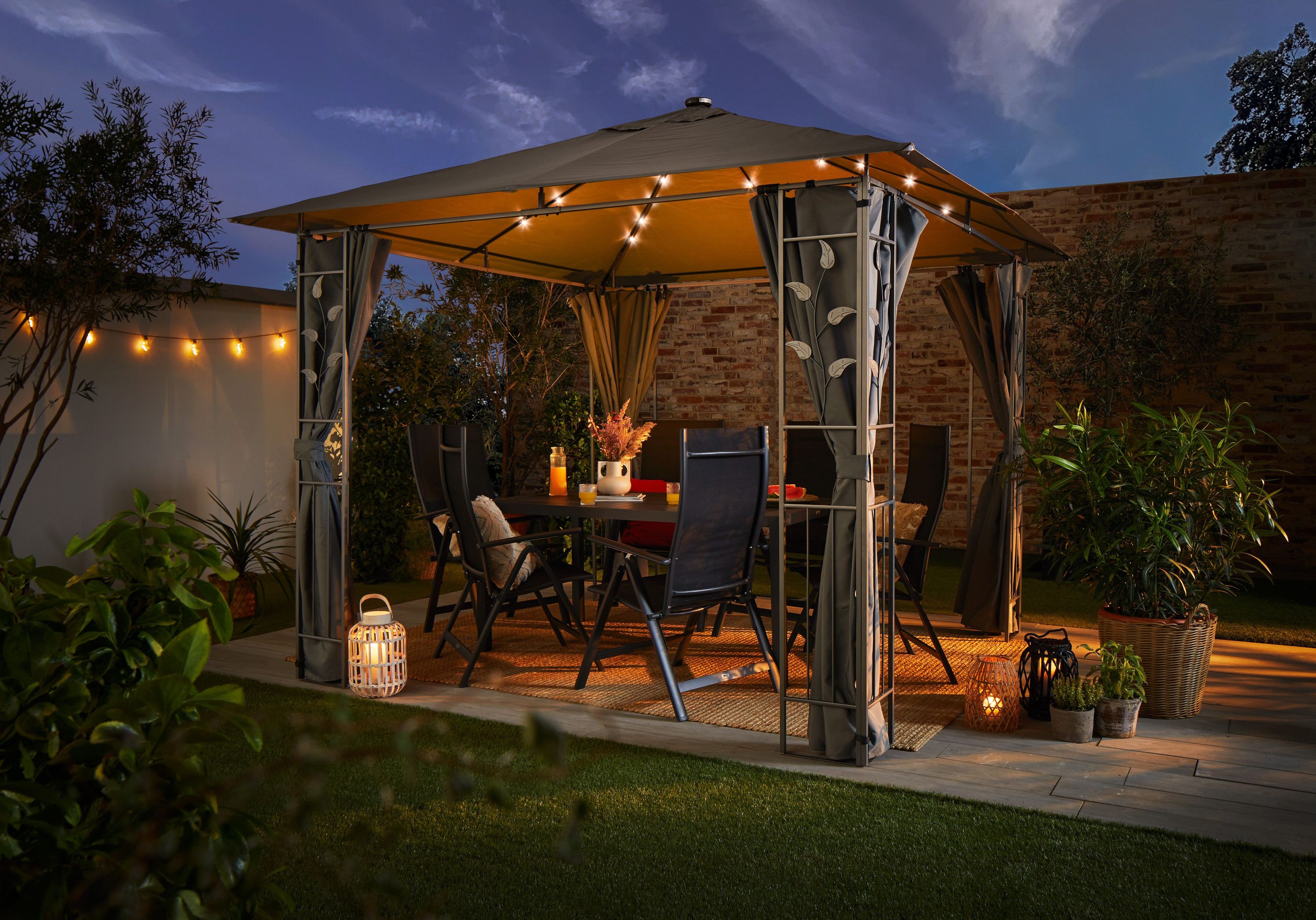 Pavillon 296x296 cm mit LED, 4 Seitenteile, anthrazit