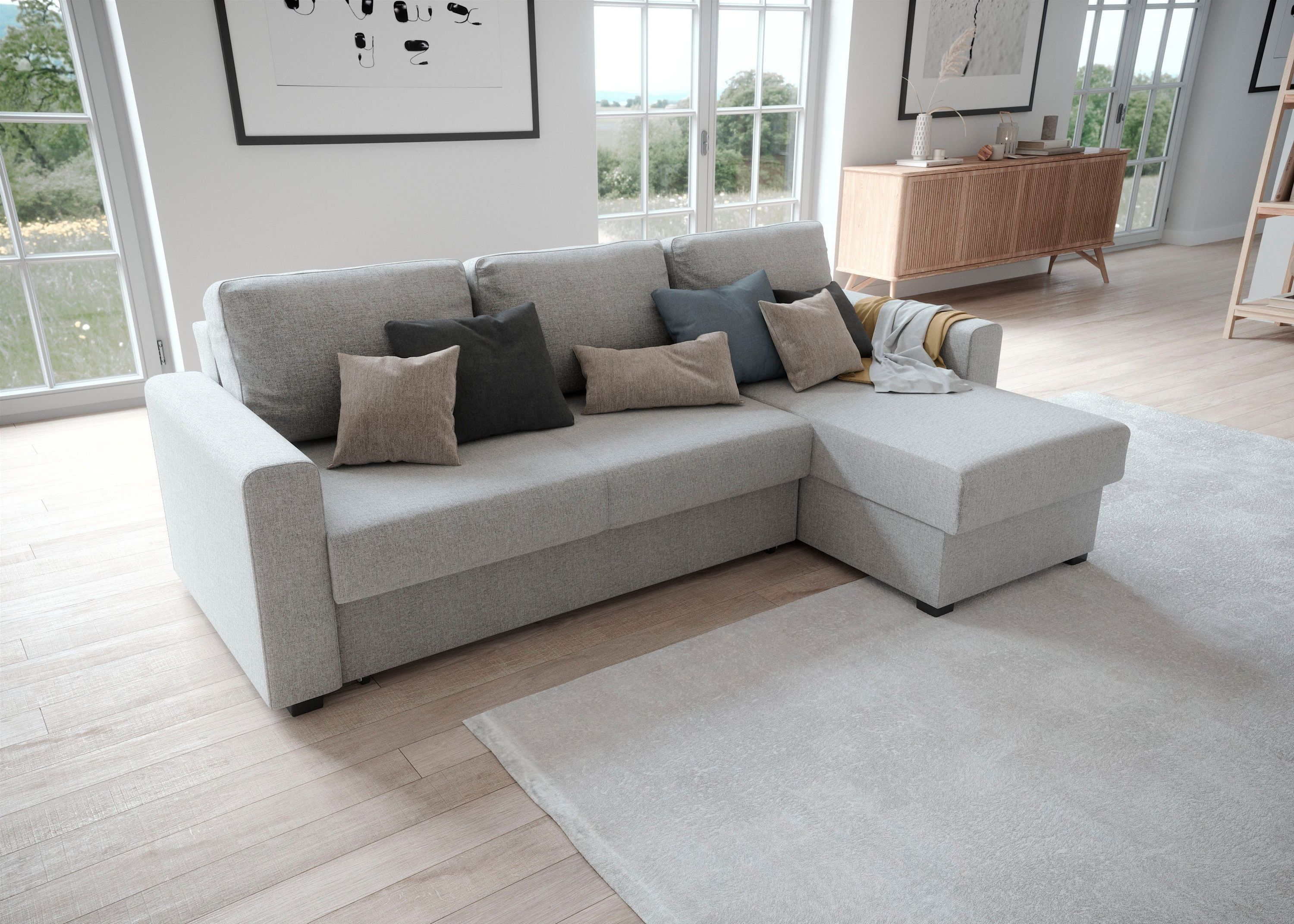 Ecksofa L-Form grau Struktur mit Bettfunktion