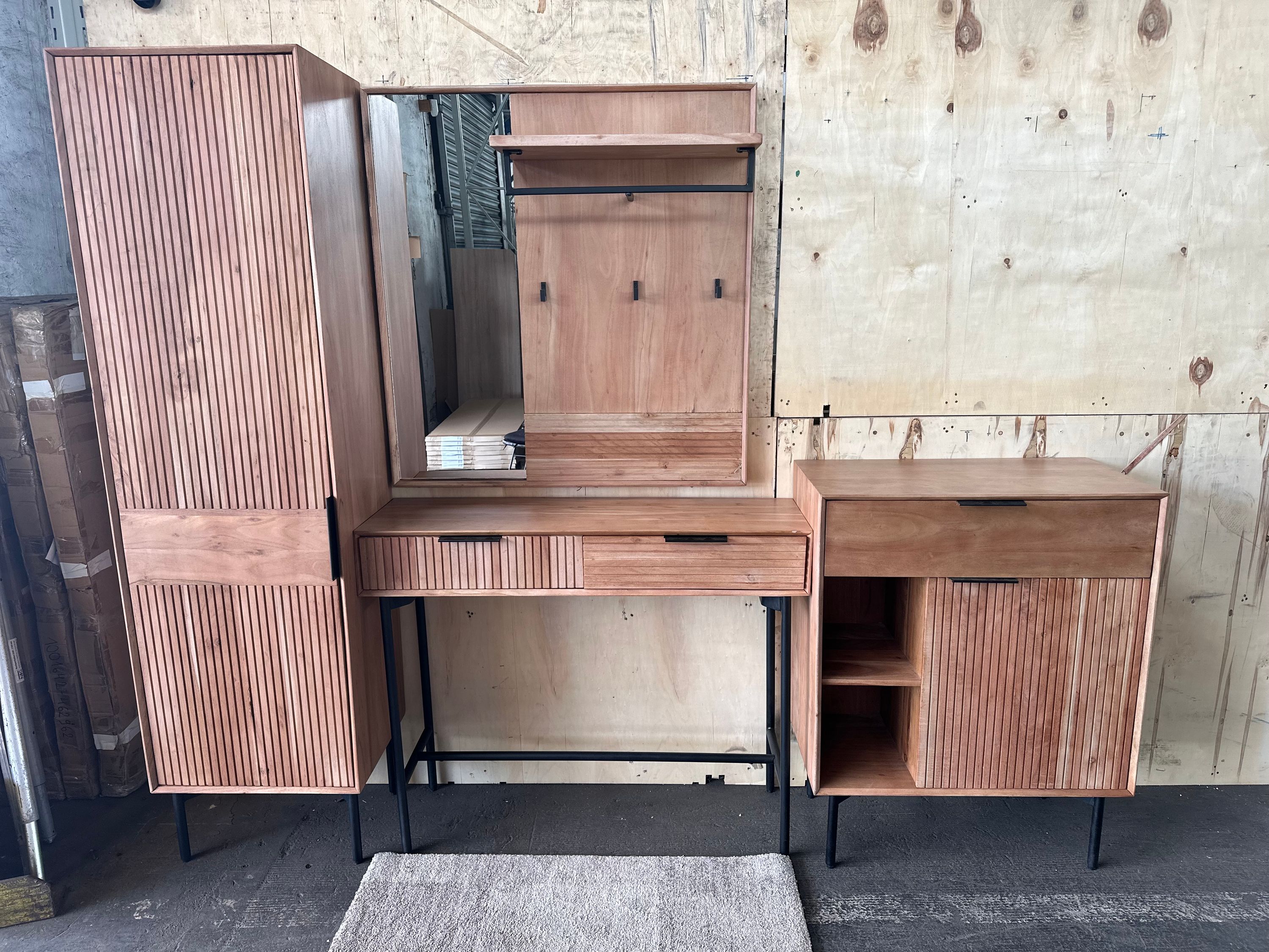 Schrank Set Garderobe Schuhschrank Spiegel Paneel Konsole Holz Akazie