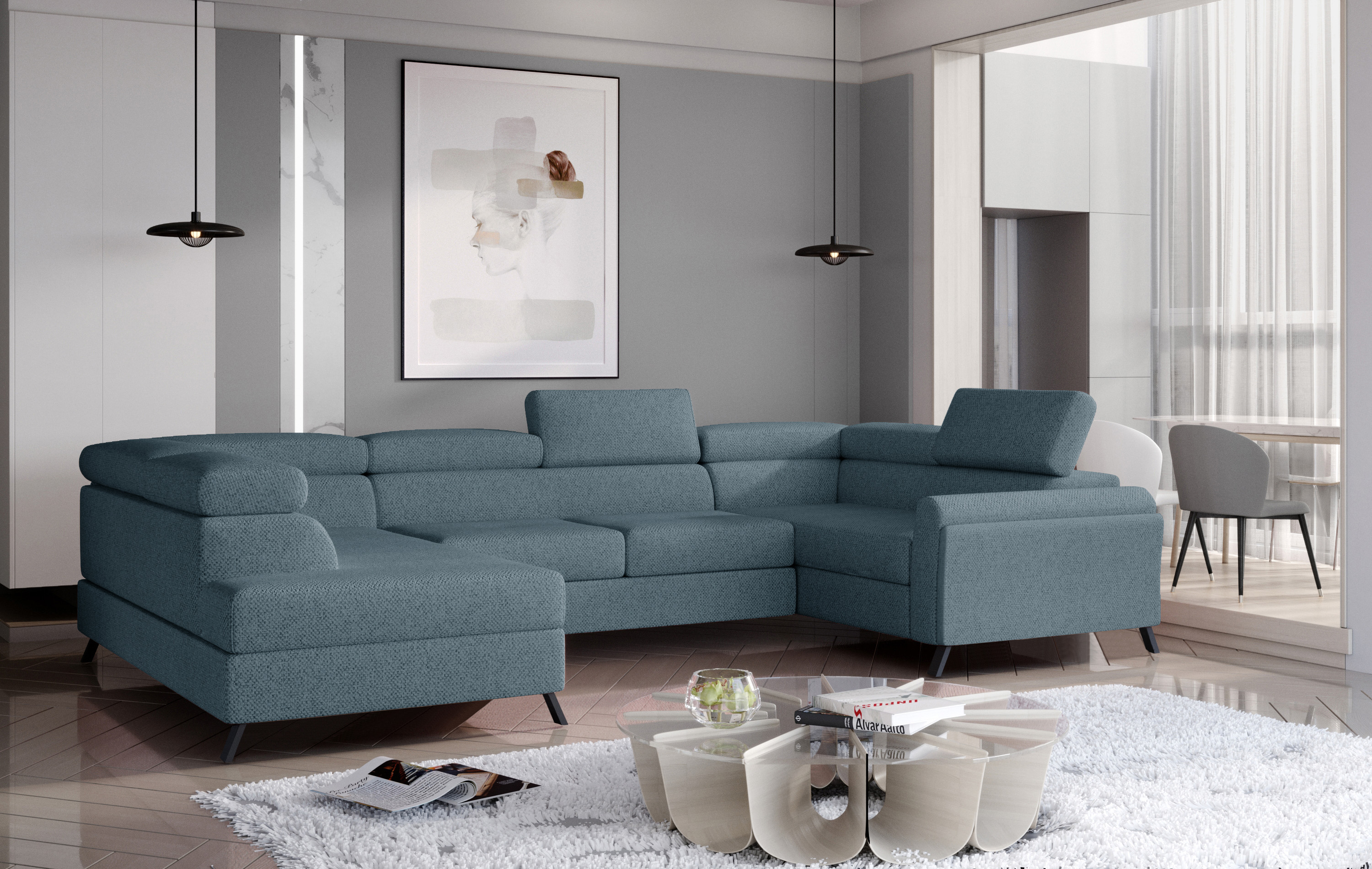 Wohnlandschaft Esco, Chenille, Schlaffunktion, Stauraum