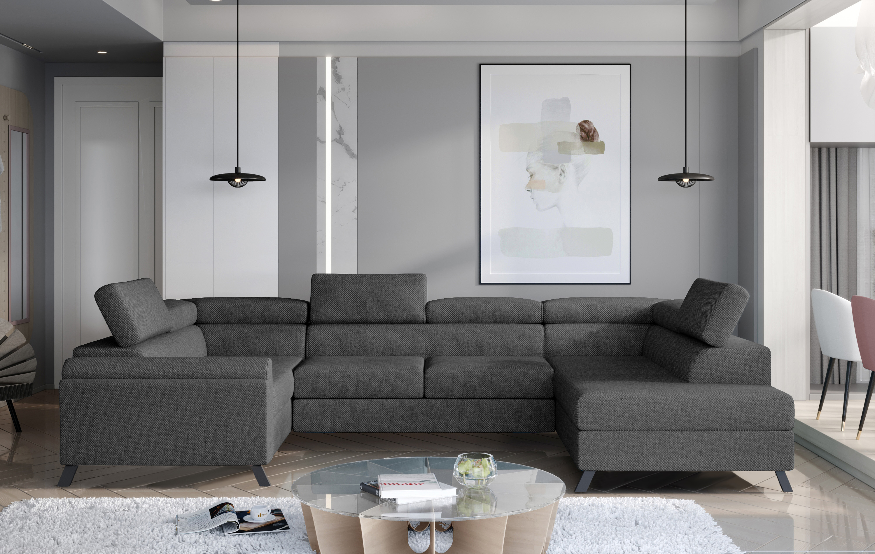 Wohnlandschaft Esco, Strukturstoff, Schlaffunktion, Stauraum